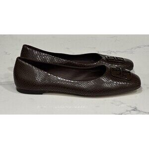 Tory Burch Ballet Flats 10.5 Georgia Square Toe Snakeskin Embossed Leather Brown